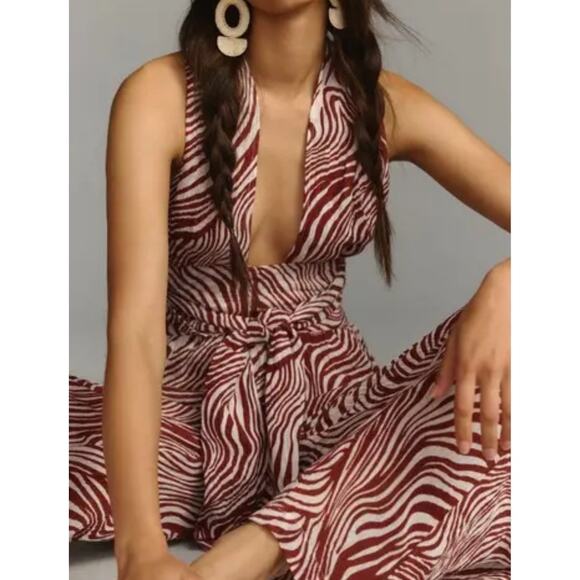 FAITHFULL THE BRAND Anthropologie Vacanza Linen Zebra Halterneck Jumpsuit SZ 4 - Picture 2 of 11